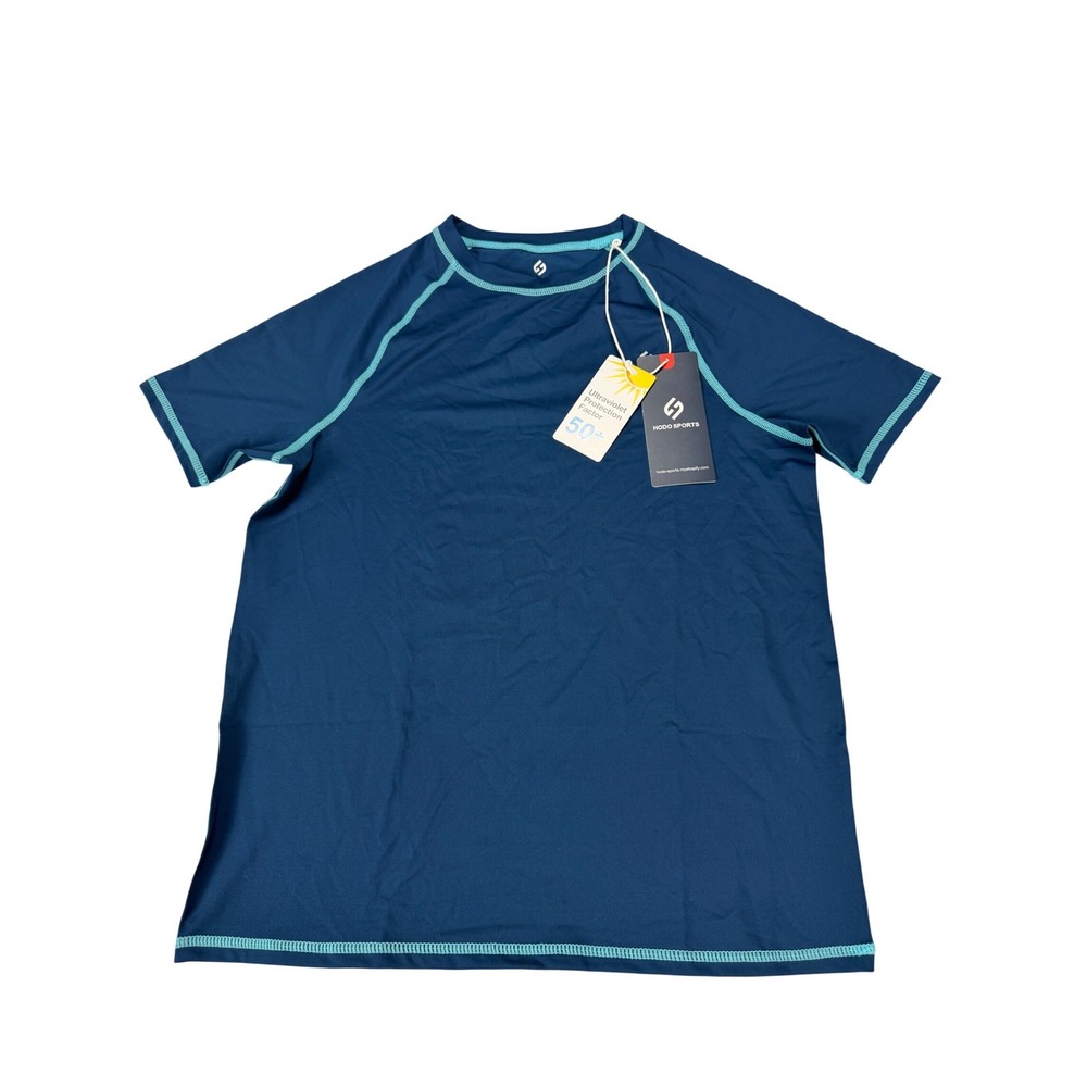 Hodo Sports Kids Navy Blue Rash Guard Swim Shirt UPF 50+ Short Sleeve Size 12-14